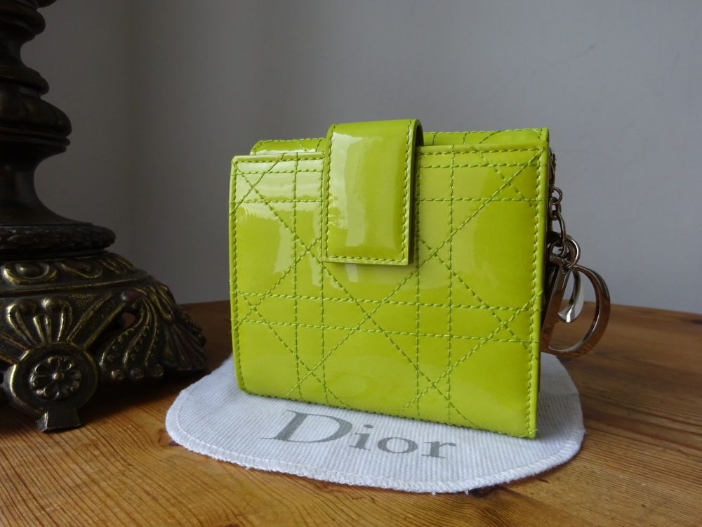 Dior Lady Dior Bi Fold Compact Wallet Purse in Vert Green Cannage Quilted Patent Leather - SOLD