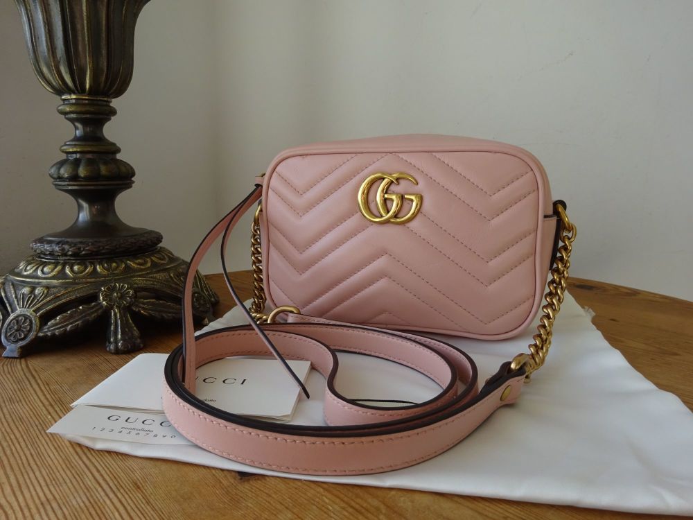Gucci GG Marmont Mini Camera Bag in Pastel Pink Matelassé Calfskin