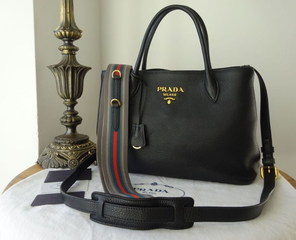 Prada Medium 2Way Tote in Vitello Daino Nero with Gold Tone Hardware