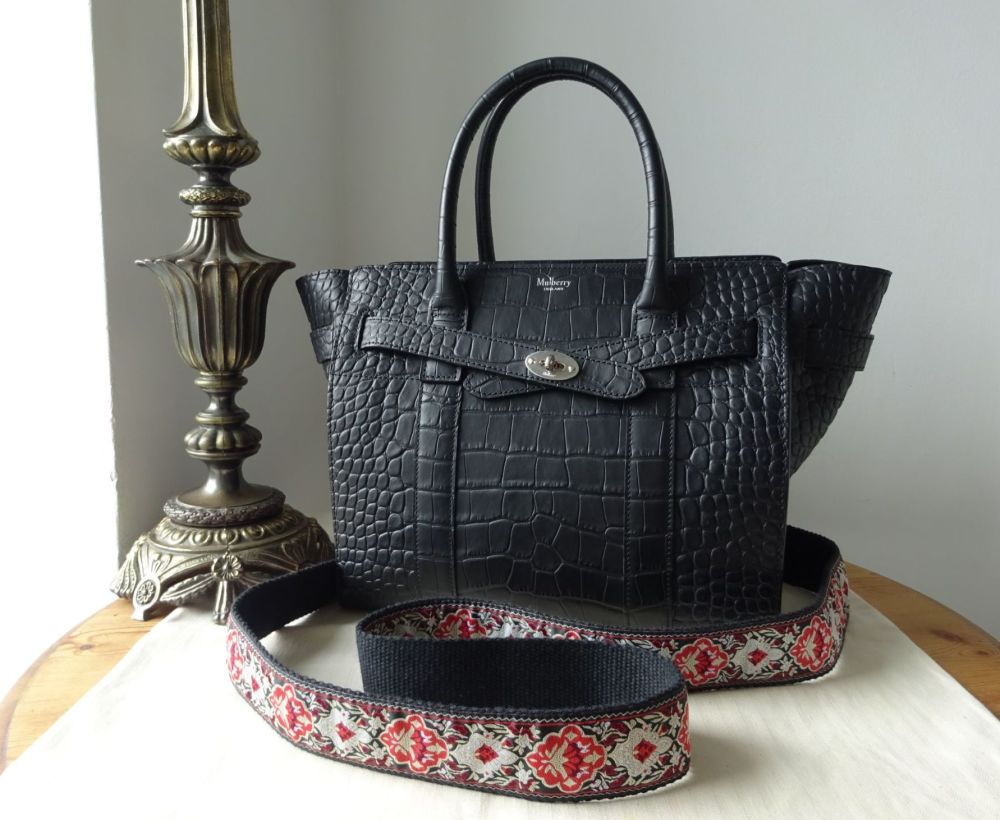 Mulberry Small Zipped Bayswater in Black Matte Croc Printed Leather with Si