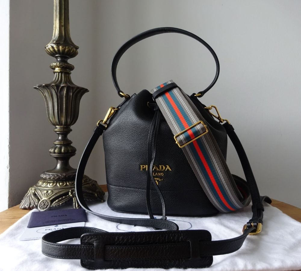 Prada Small Drawstring Bucket Bag in Vitello Daino Nero with Gold Tone Hardware - SOLD