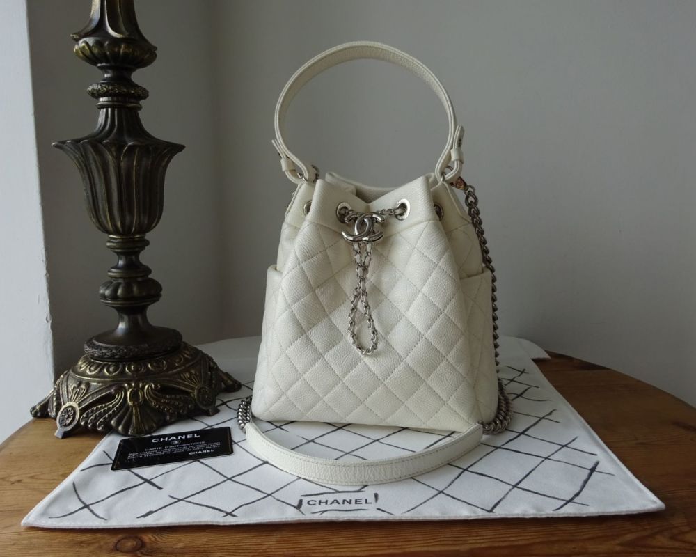 Chanel Bucket Drawstring Vintage Quilted Mini White Lambskin Bag   STYLISHTOP
