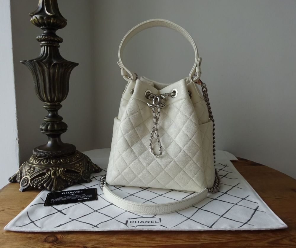Chanel Small Gabrielle Drawstring Bucket Bag in White Quilted Caviar