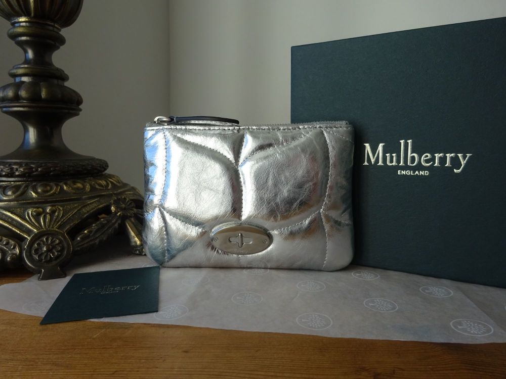 Mulberry Softie Small Zip Pouch Coin Purse in Silver Crinkled Metallic Leat