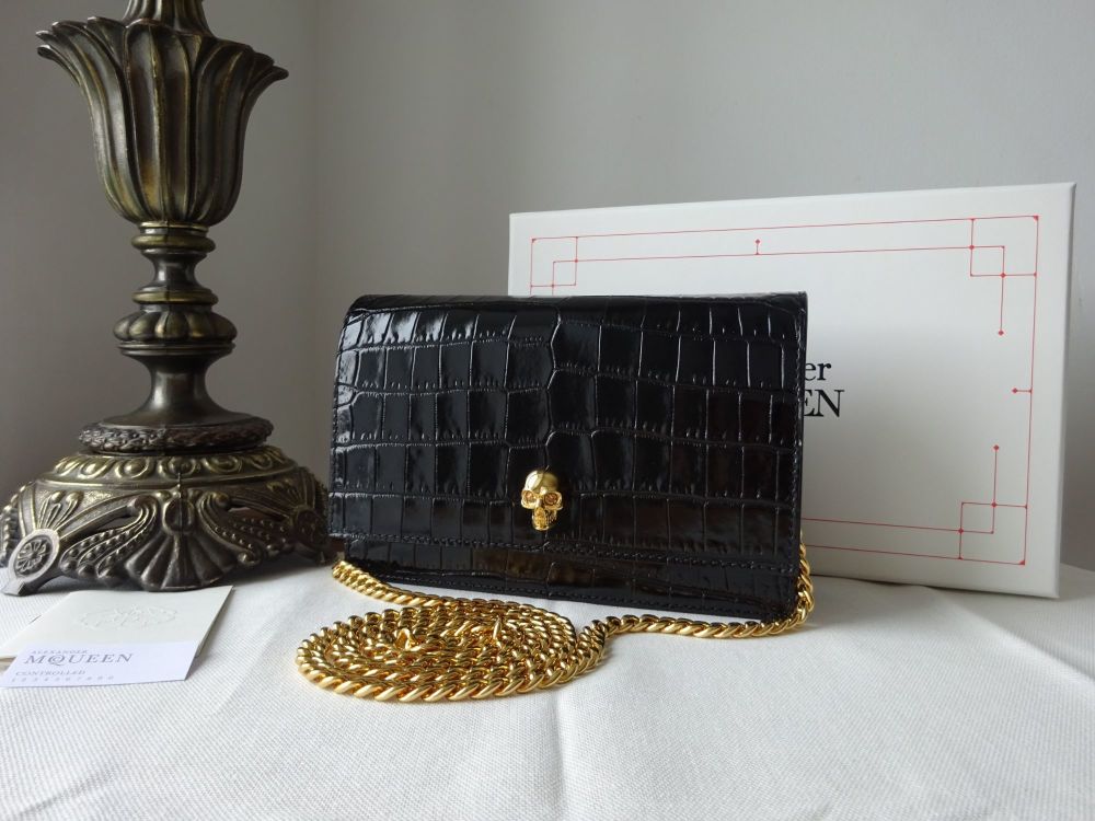 Alexander McQueen Small Skull Bag in Black Shiny Croc Embossed Calfskin - SOLD