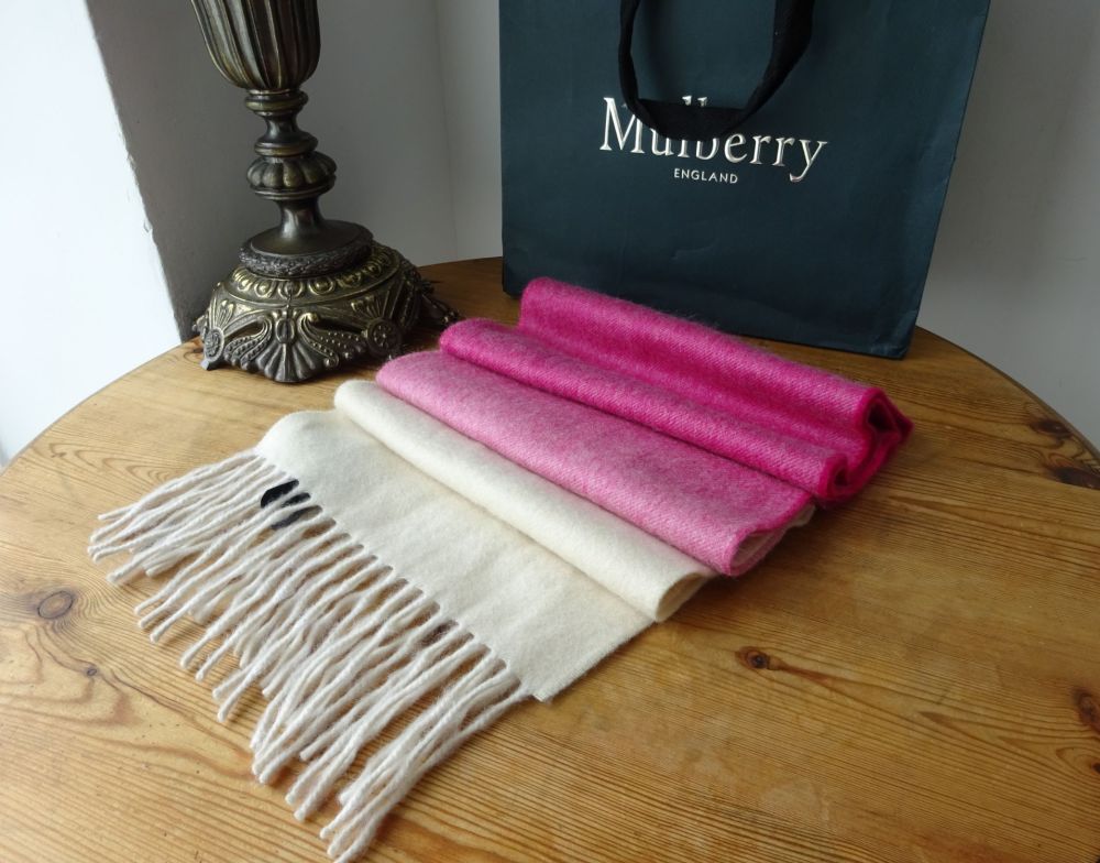 Mulberry Classic Pure Cashmere Fringed Winter Rectangular Scarf in Ombre Ivory Fuchsia - SOLD