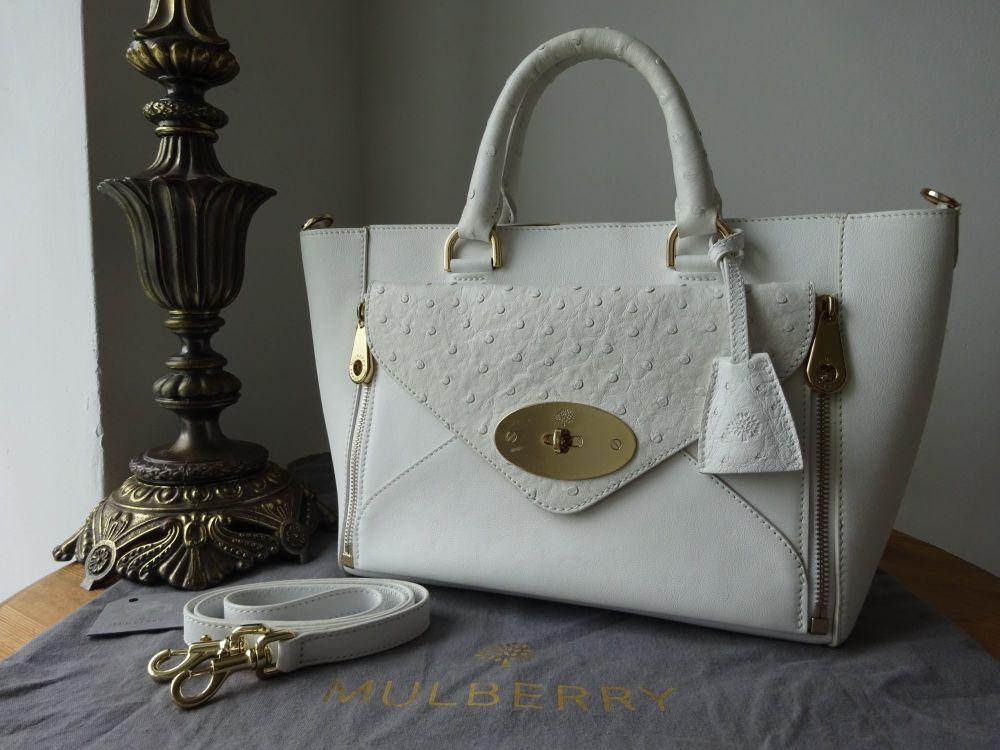 Mulberry Small Willow Tote in White Classic Calf & Ostrich Leather with Shi