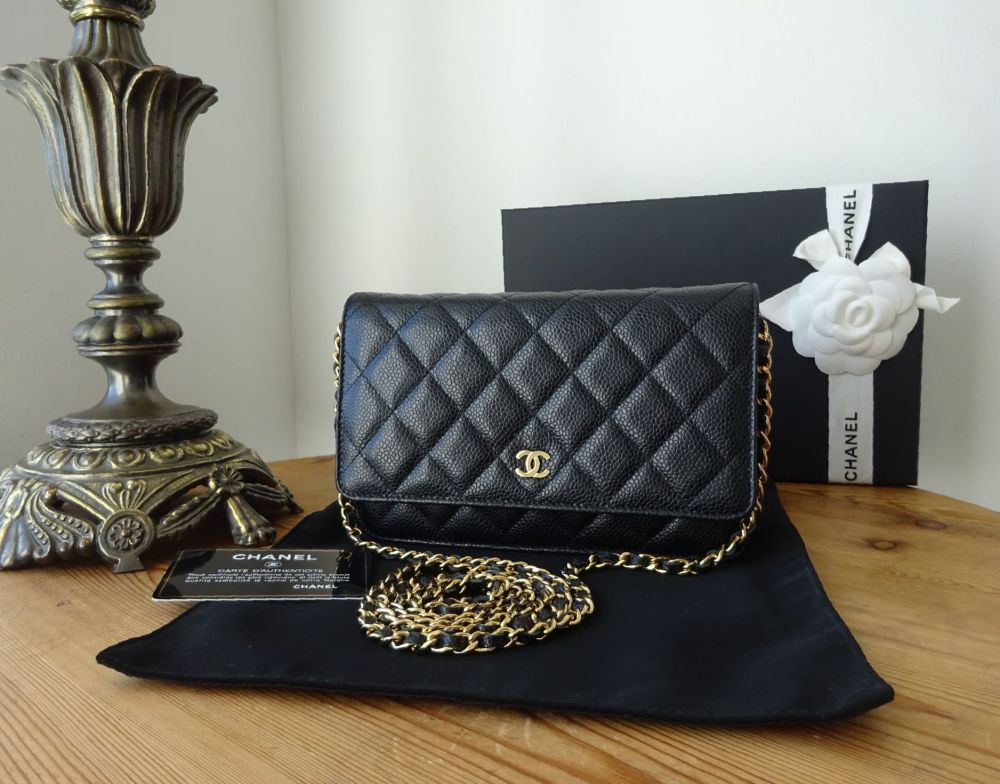 Black Quilted Caviar Wallet On Chain Gold Hardware, 2023