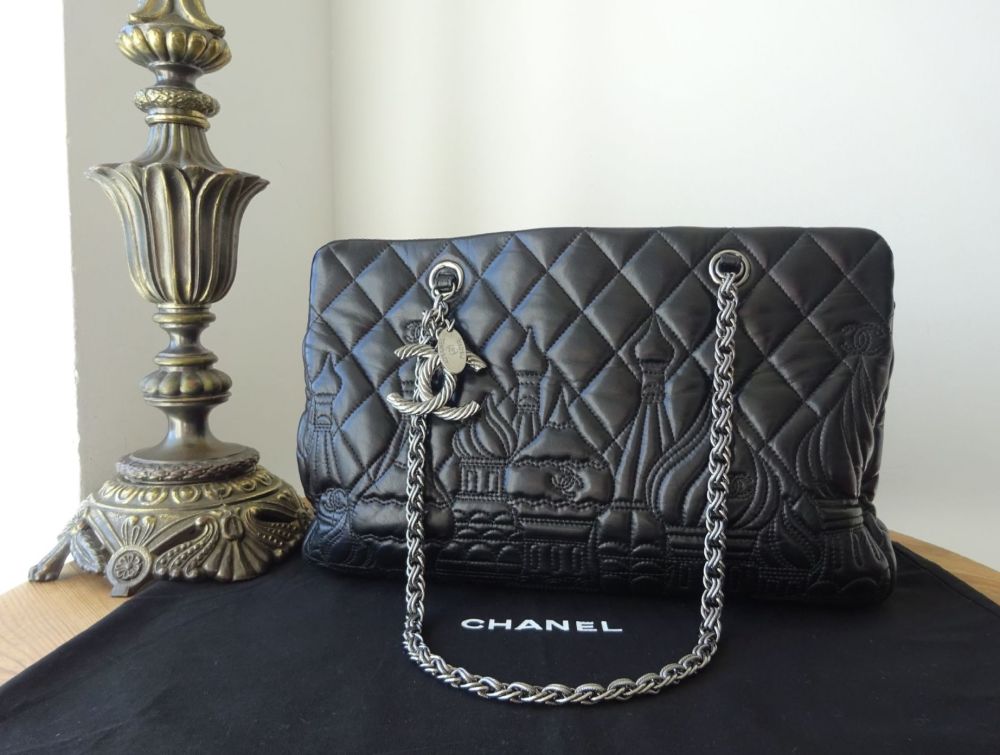 Chanel Paris Moscow Tote Shoulder Bag in Black Quilt Stitched Lambskin