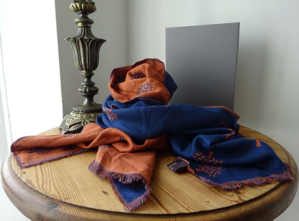 Mulberry Tree Reversible Rectangular Scarf in Bright Navy & Rust Linen Wool Blend - SOLD