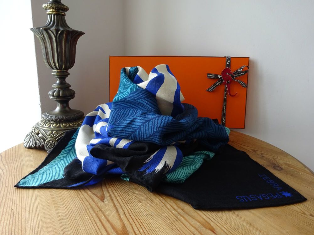 Hermés Chale Shawl Square Scarf GM 'Zebra Pegasus' in Caban, Turquoise & Bl