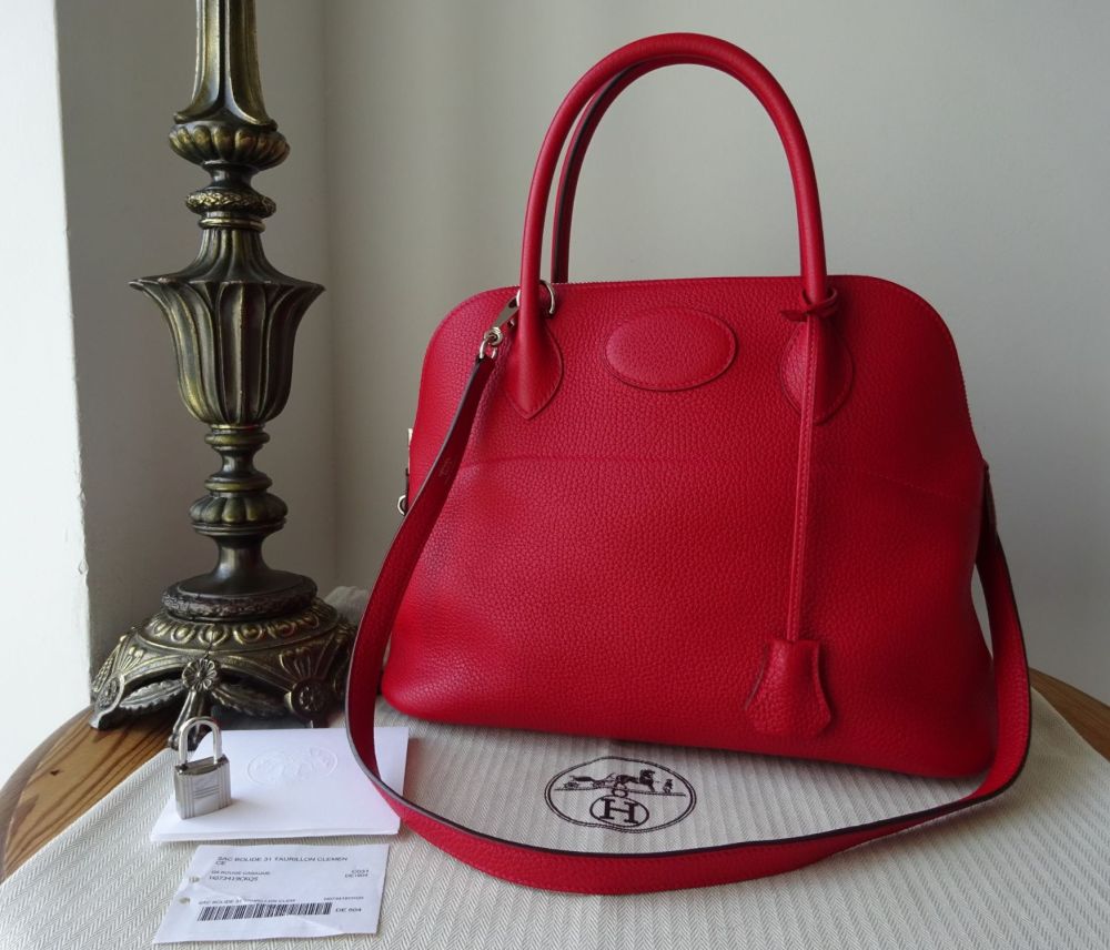 Hermés Bolide Mou 31 in Rouge Casaque Clemence Leather with Palladium Hardw