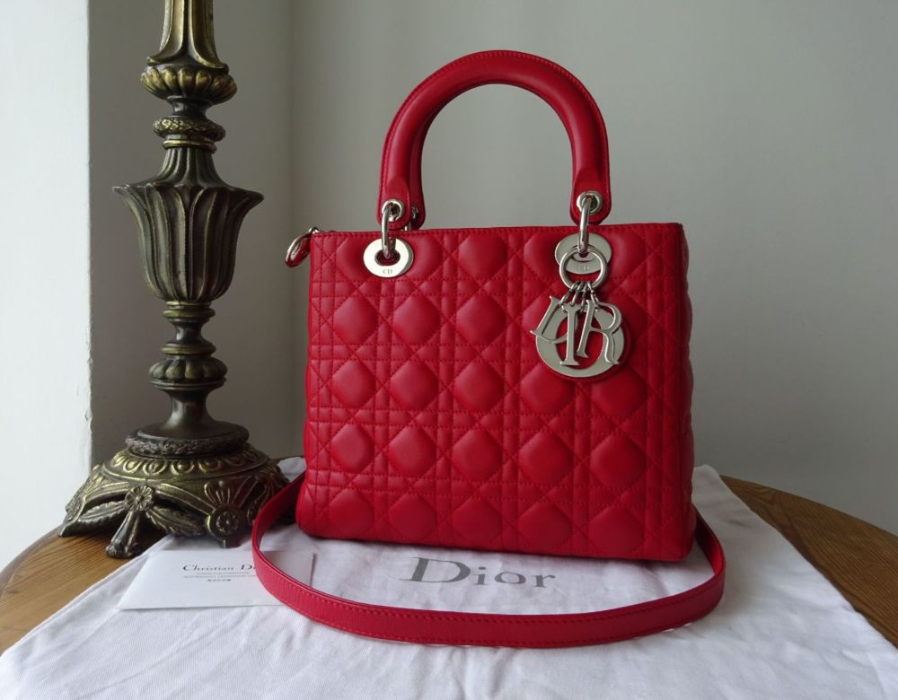 Christian Dior Lady Dior Medium in Rouge Red Lambskin with Silver Hardware