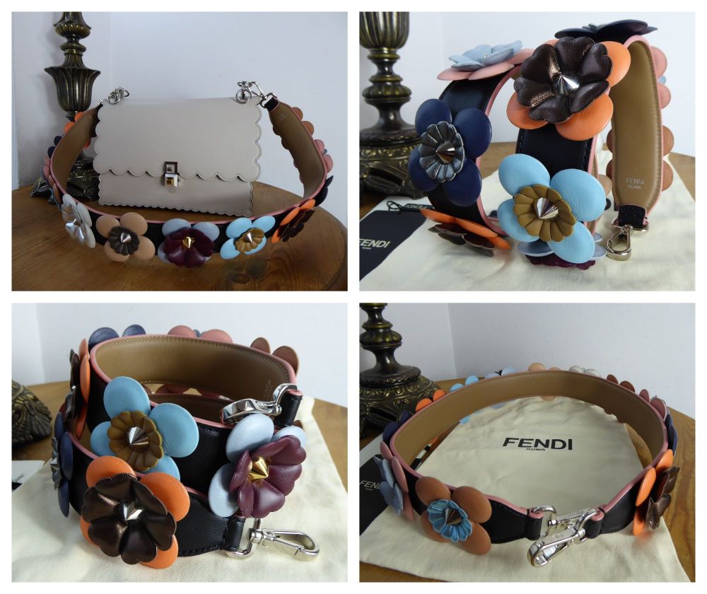 Fendi Flowerland Strap You Long Shoulder Strap in Black Calfskin & Multicolore Flower Appliqu&eacute;  - As New