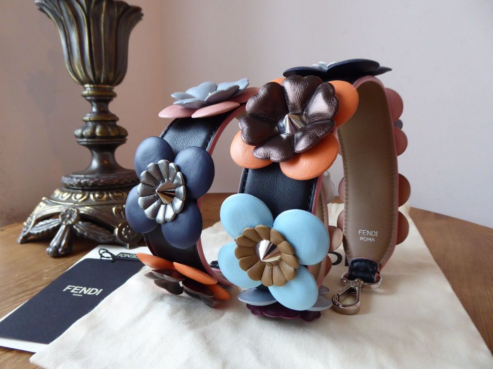 Fendi Flowerland Strap You Long Shoulder Strap in Black Calfskin & Multicolore Flower Appliqu&eacute;  - As New