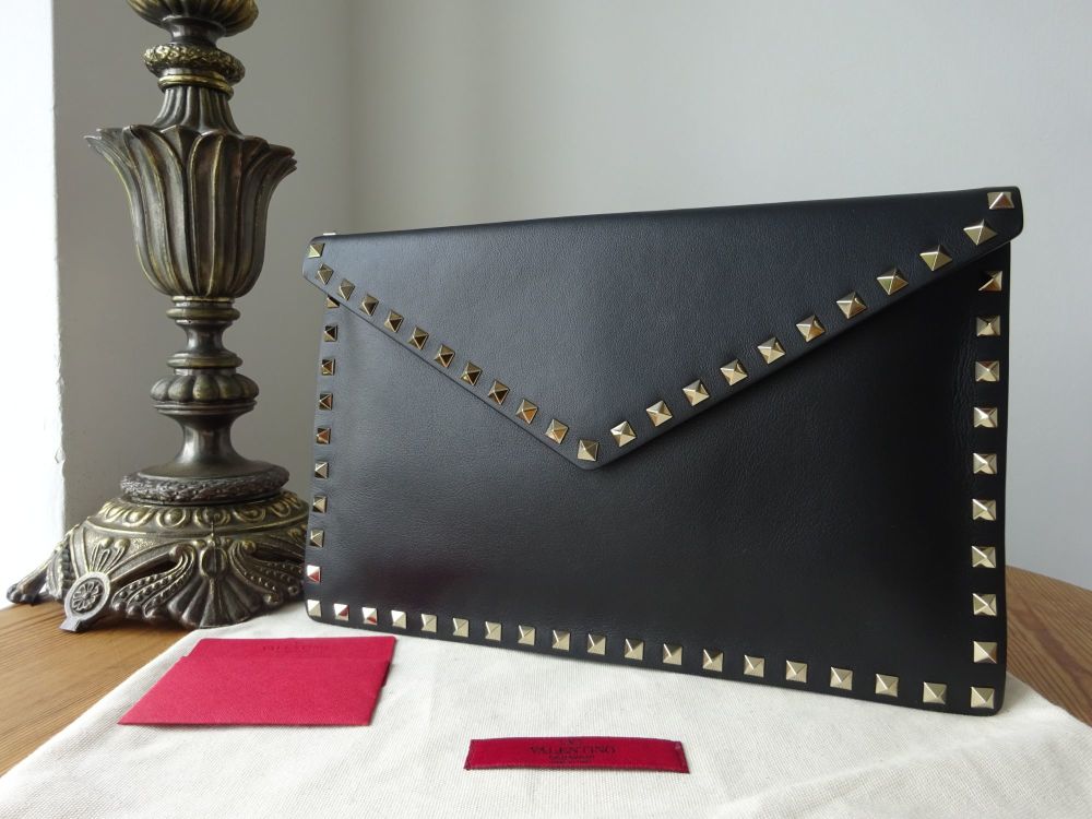 Valentino Rockstud Studded Envelope Clutch in Black Calfskin