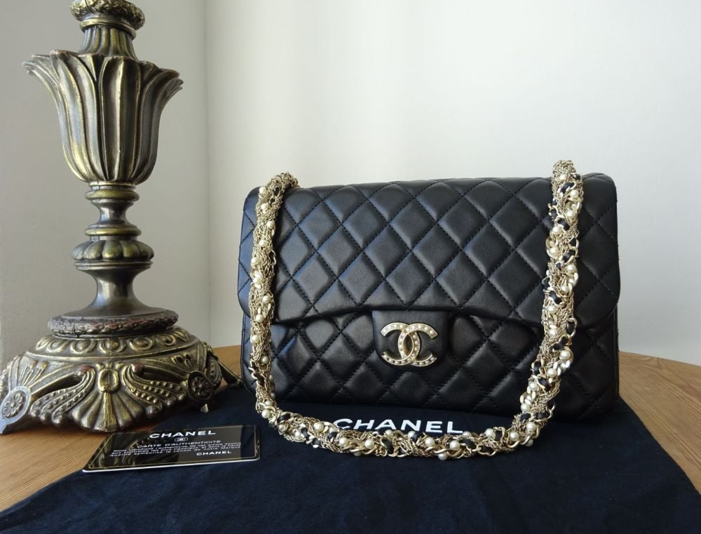 Chanel Limited Edition Westminster Single Flap in Black Lambskin with Pearl  Braided Chain - SOLD