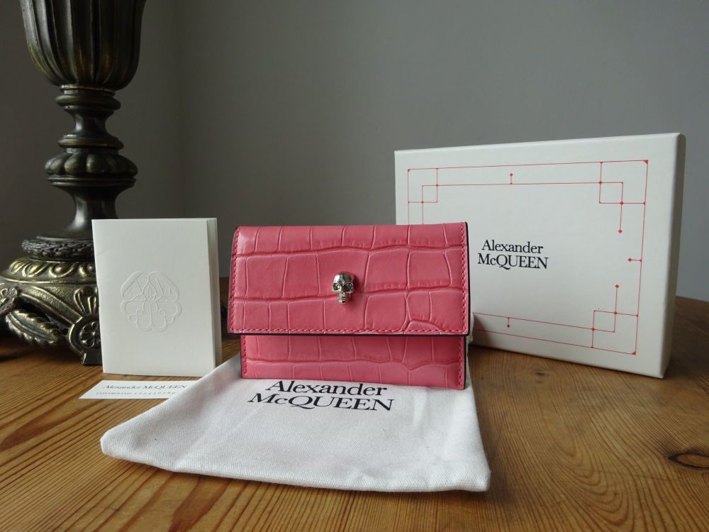 Alexander McQueen Skull Classic Envelope Card Holder in Coral Pink Croc Printed Calfskin - SOLD