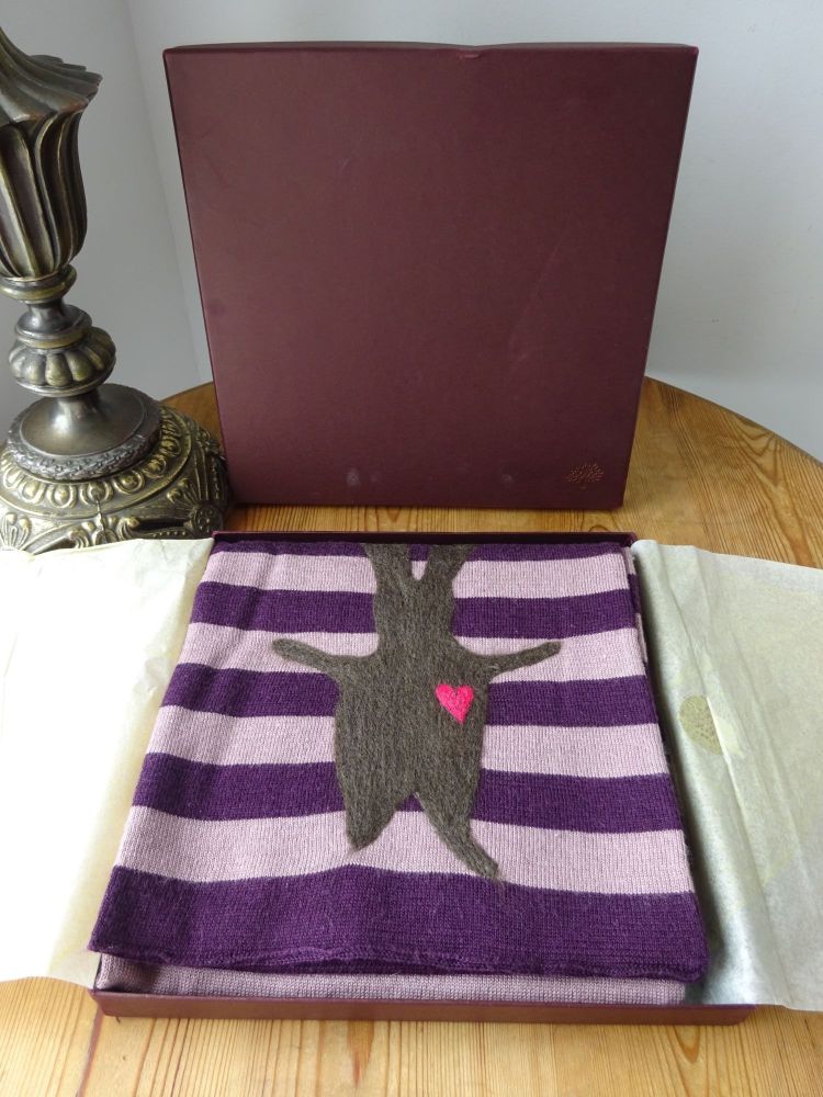 Mulberry Bunny Rabbit Knitted Long Scarf in Striped Aubergine Silk & Wool