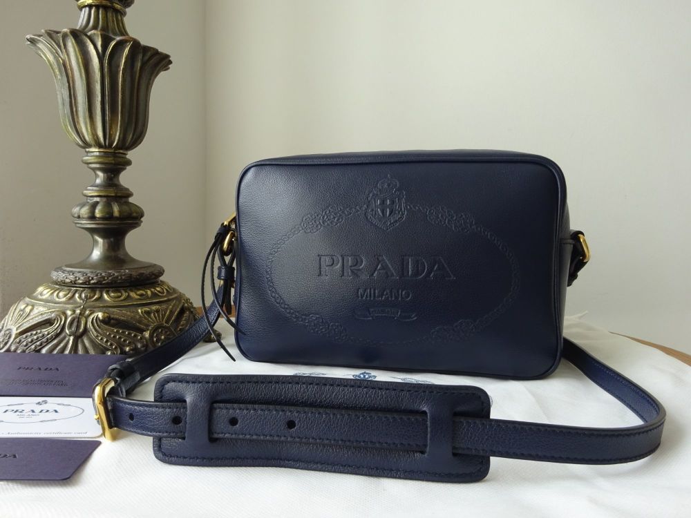 Prada Classic Logo Embossed Camera Bag Crossbody in Baltico Dark Navy Blue 