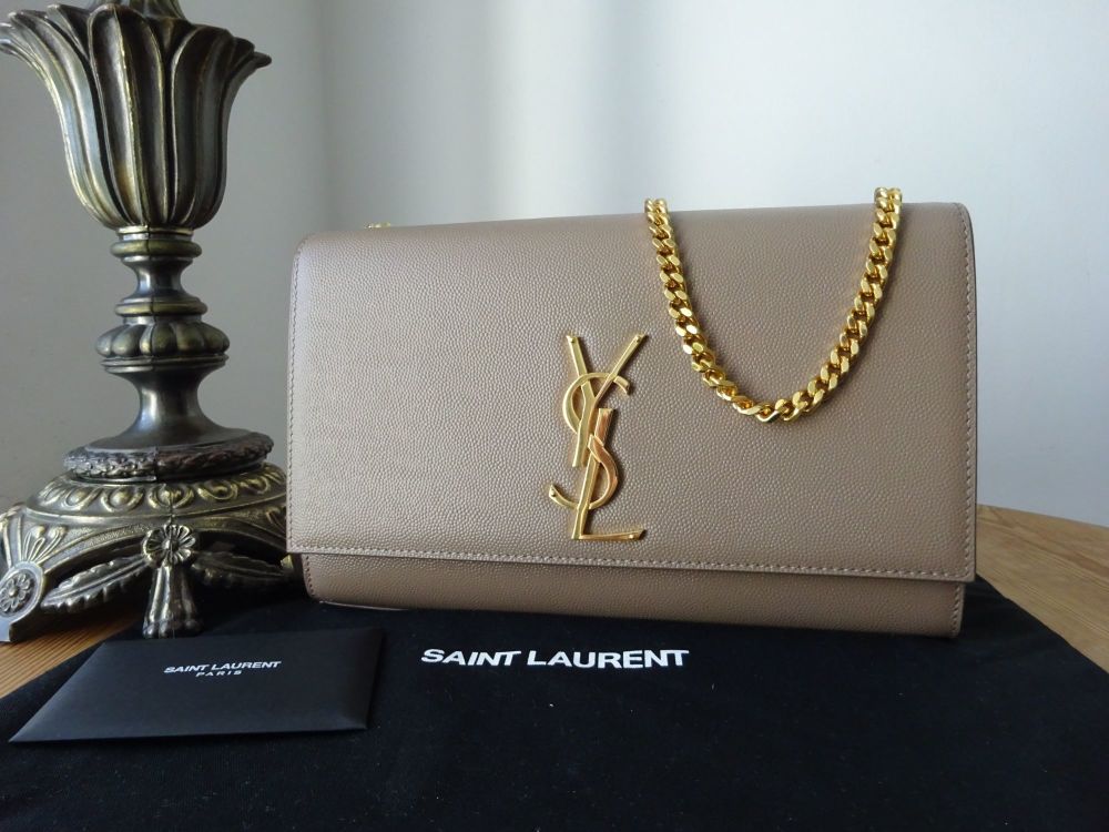 Saint Laurent YSL Monogram Medium Kate Chain Bag in Taupe Grain De Poudre T