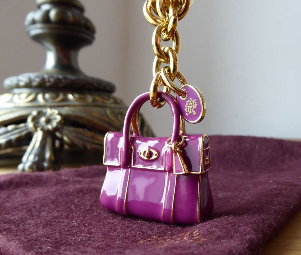 Mulberry Mini Bayswater Keyring Bag Charm in Cerise Enamel with Shiny Gold 