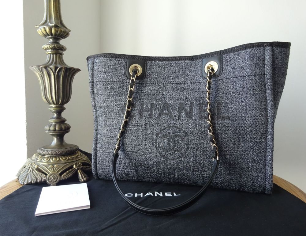 Chanel Deauville Medium Shoulder Tote in Dark Navy Boucle Tweed with Sparkle Trim - SOLD