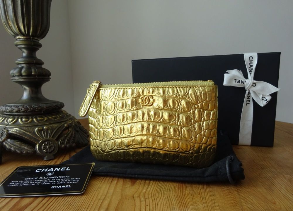 Chanel Mini O Case Zip Pouch in Gold Metallic Crocodile Embossed Calfskin