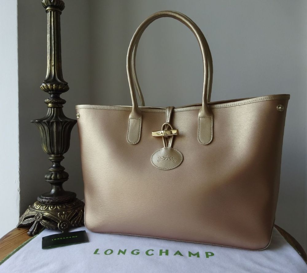 Longchamp Roseau Large Shoulder Tote in Rose Gold Metallic Textured Calfski