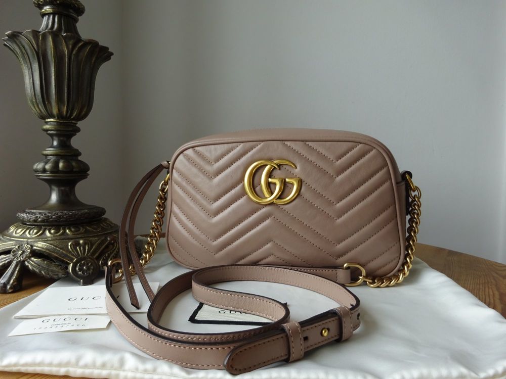 Gucci GG Marmont Small Shoulder Camera Bag in Dusty Pink Matelassé Calfskin