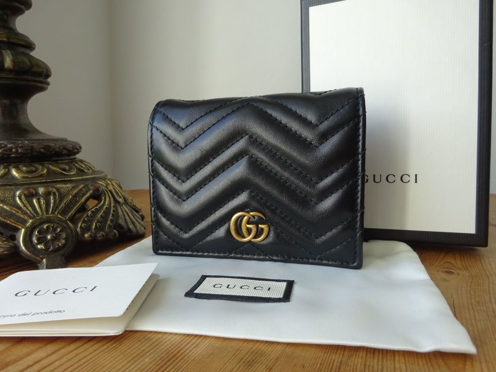 Gucci GG Marmont Compact Card Case Wallet Purse in Black Matelassé Calfskin
