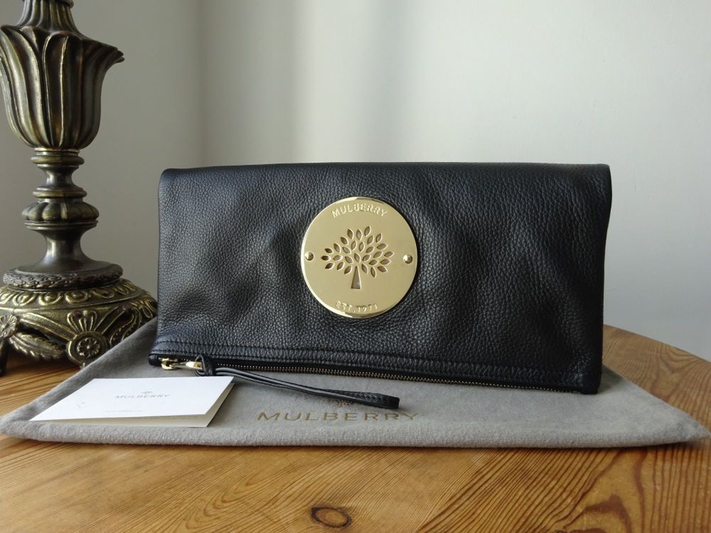 Mulberry Daria Clutch in Black Spongy Pebbled Leather with Shiny Gold Hardw