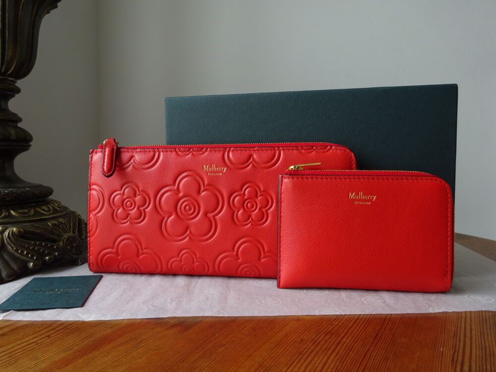 Mulberry High Frequency Flower Embossed Long Part Zip Around Continental Wallet Purse in Hibscus Red - SOLD