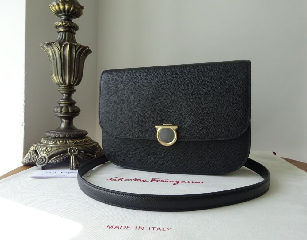 Salvatore Ferragamo Gancini Rounded Flap Bag in Nero Grained Calfskin - SOLD