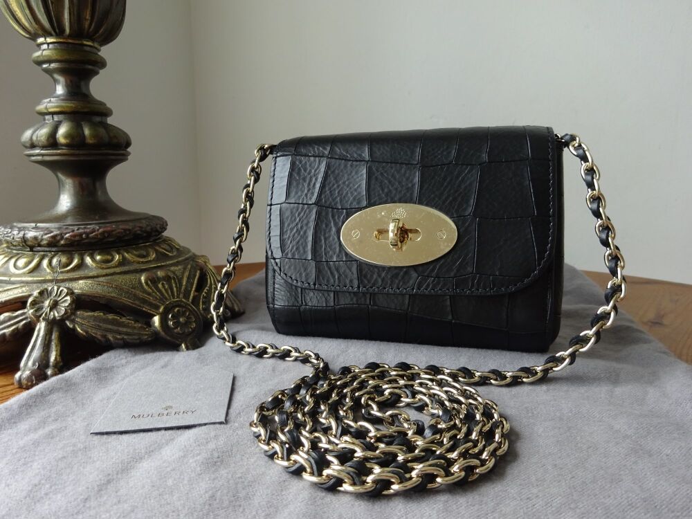 Mulberry Mini Lily in Black Deep Embossed Croc Print with Shiny Gold Hardware - SOLD