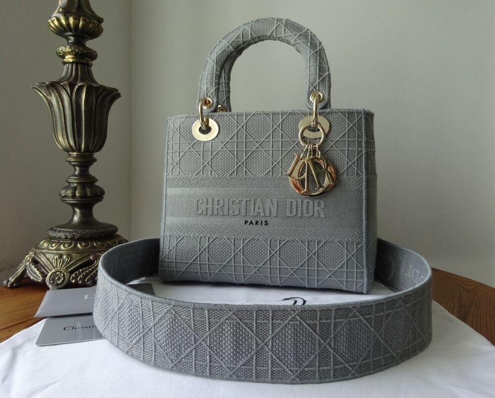 Dior Lady D-Lite Medium in Gray Embroidery Cannage with Shiny Gold Hardware