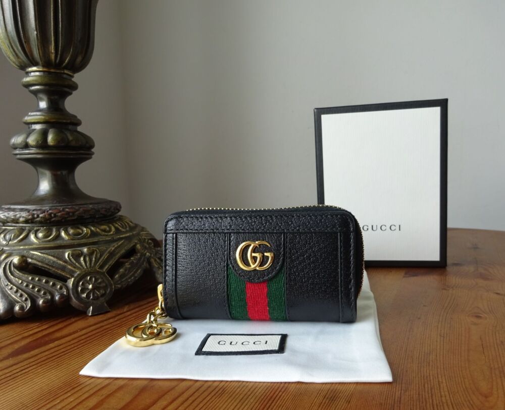 Gucci Ophidia Zipped Key Pouch Case in Black Grained Calfskin with Vintage 