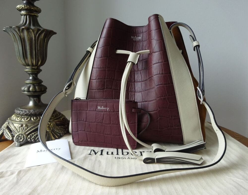 Mulberry Small Millie Tote in Colourblock Burgundy Matte Croc Printed Calfskin & Suede - SOLD