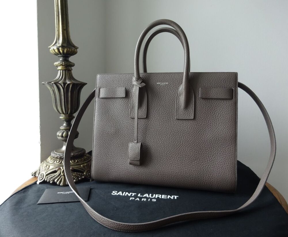 Saint Laurent YSL Small Classic Sac De Jour in Fog Grey Grained Calfskin  with Silver Hardware