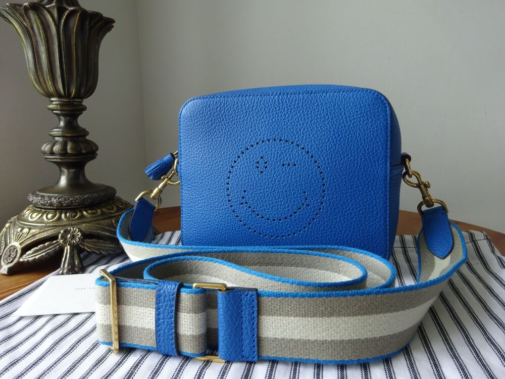 Anya Hindmarch Smiley Wink Camera Crossbody Bag in Apron Blue Tumbled Leather with Nastro Strap - SOLD
