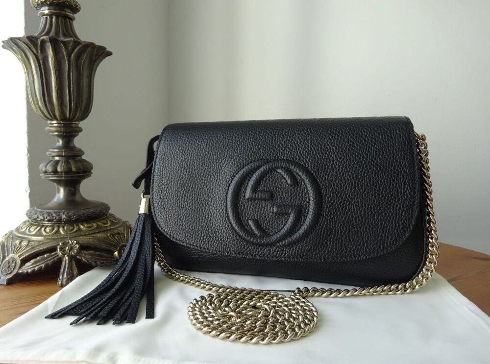 Gucci Soho Disco Shoulder Chain Flap Bag in Black Pebbled Calfskin - SOLD