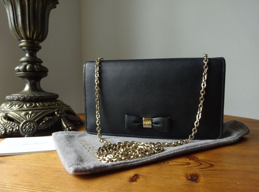 Mulberry Bow Shoulder Clutch Wallet on Chain in Black Silky Classic Calf Leather - SOLD