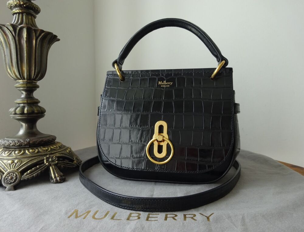 Mulberry Small Amberley Top Handle Satchel in Black Shiny Croc Embossed Lea