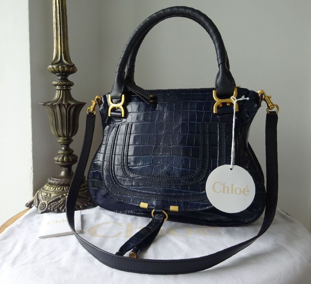 Chloé Marcie Double Carry Handle in Full Blue Shiny Croc
