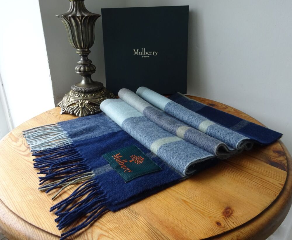 Mulberry Heritage Small Check Fringed Winter Scarf in Midnight Blue & Khaki Lambswool - SOLD