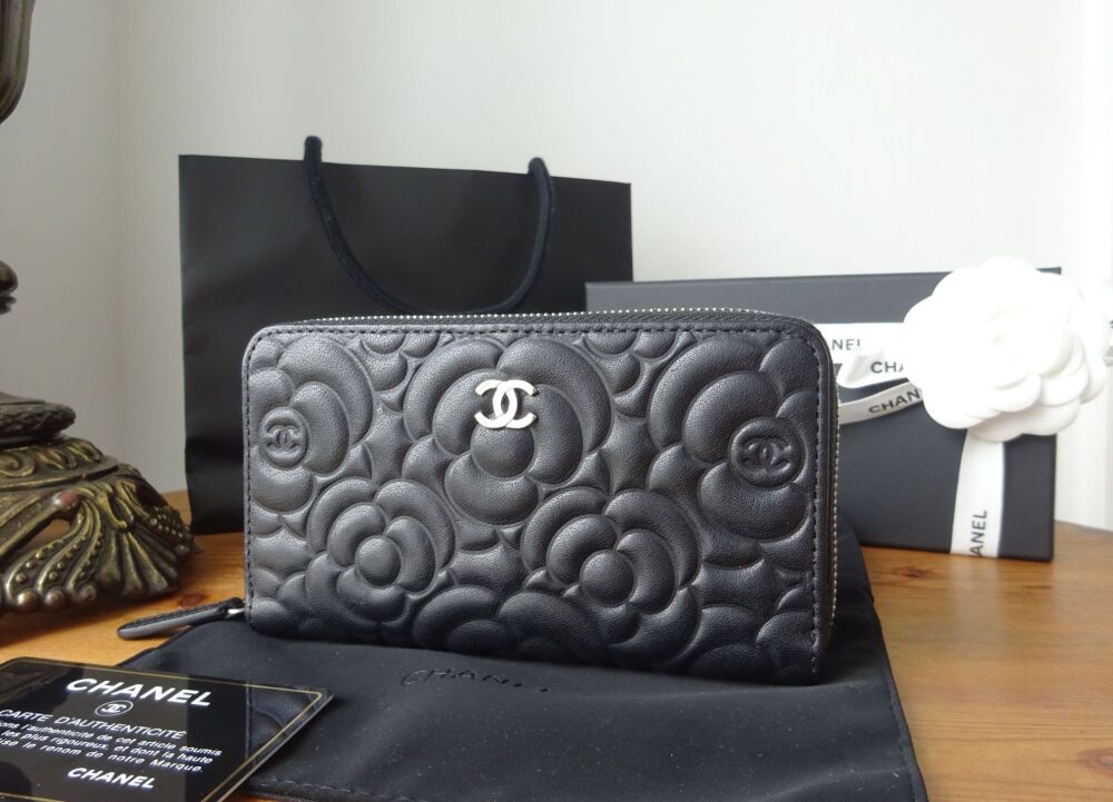 Chanel Camellia Embossed Medium Zip Around Wallet in Black Lambskin