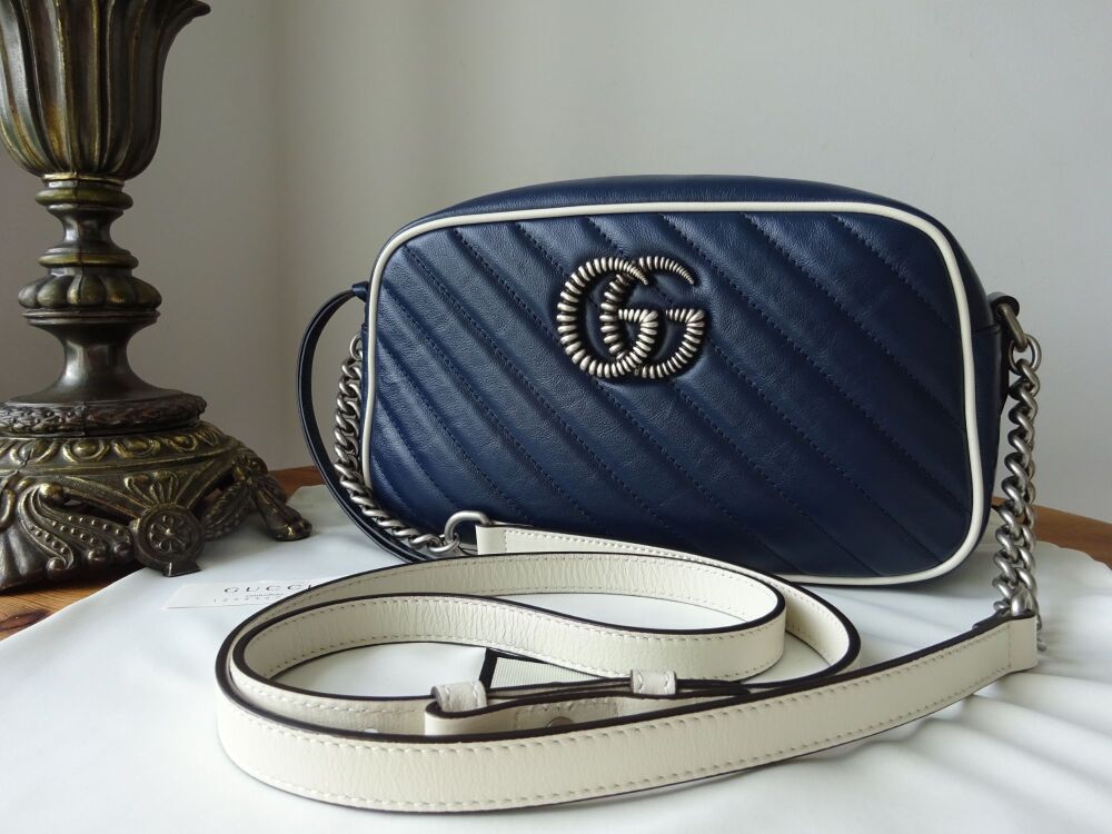 Gucci GG Torchon Marmont Small Shoulder Camera Bag in Dark Blue Matelassé C