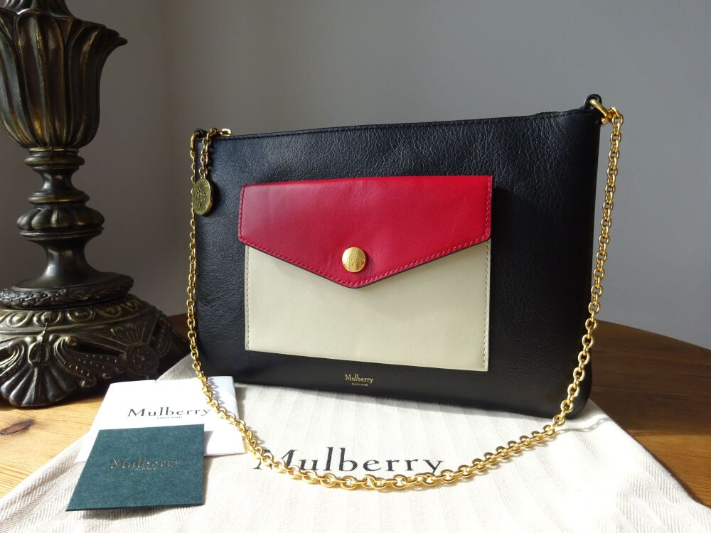Mulberry Press Stud Zip Pouch with Chain Strap in Multicolour Black, Chalk 