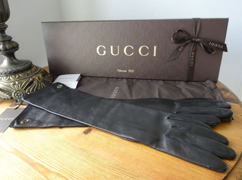 Gucci GG Soho Long Black Ladies Gloves in Black Lambskin