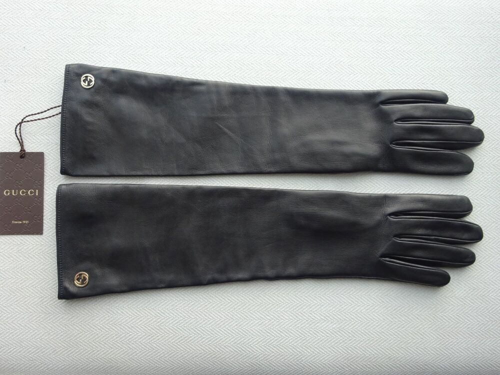 Gucci GG Soho Long Black Ladies Gloves in Black Lambskin